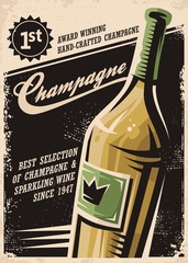 Champagne vintage poster design with bottle and creative typo on dark background © lukeruk