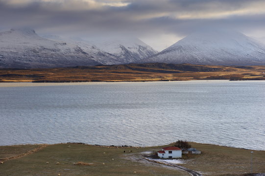 Lake Lagarfljot (Logurinn), 53 square km and 25 km long, near Egilsstadir, Fljotdalsherad valley, East Fjords area, Iceland