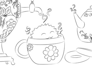 cartoon monster drying tea cup samovar teapot coloring book