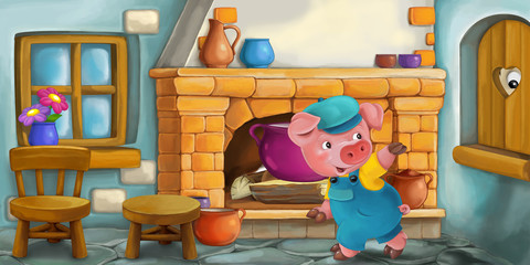 Cartoon scene of a mother or grandmother with a child in the kitchen - illustration for children © agaes8080