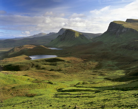 Slopes of the Quiraing, a geological wonder, its distinctive features resulting from landslips of basalt lavas upon softer sedimentary rocks beneath, northeast coast of Trotternish Peninsula, Isle of Skye, Inner Hebrides, Scotland
