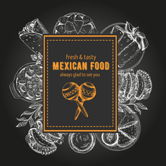 Design template for mexican restaurant, cafe or eatery. Menu label with Mexican dishes. Hand-drawn vector illustration.