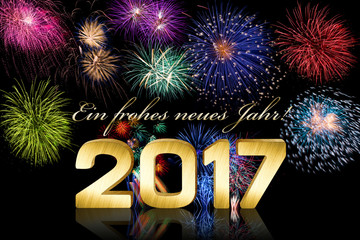 2017 Ein frohes neues Jahr gold nummer Silvester hintergrund mit feuerwerk und gold jahreszahl