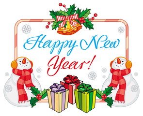 Winter holiday label with snowman and greeting text: 