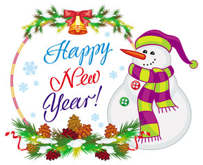 Winter holiday label with snowman and greeting text: 