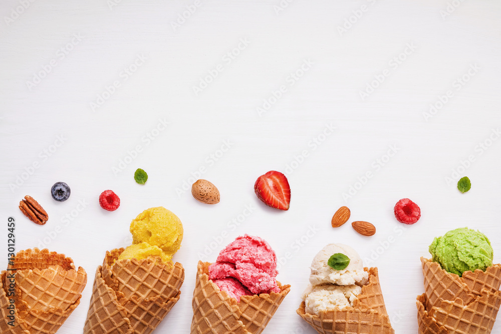 Poster colorful ice cream with cones and various fruits raspberry ,blue