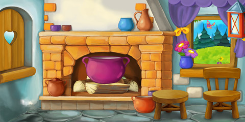 Cartoon background for fairy tale - interior of old fashioned house - kitchen - illustration for children