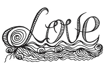Obraz premium Decorative Text Love. Coloring book for adult and older children. Doodle patterns