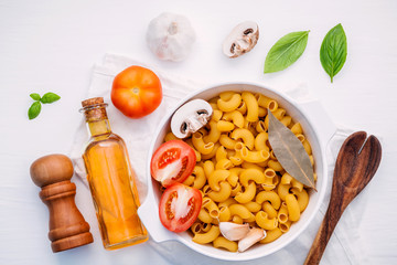 Italian foods concept and menu design . Pasta elbow macaroni  wi
