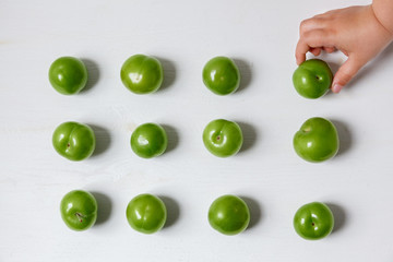 Green plums, child hand picking one