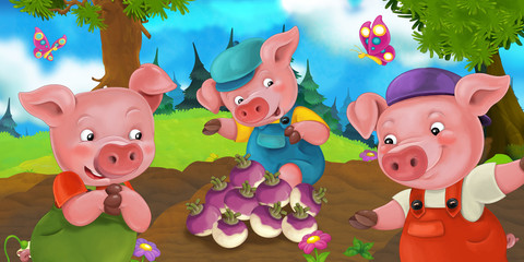 Cartoon happy and funny farm scene with cheerful pigs looking at turnips - illustration for children