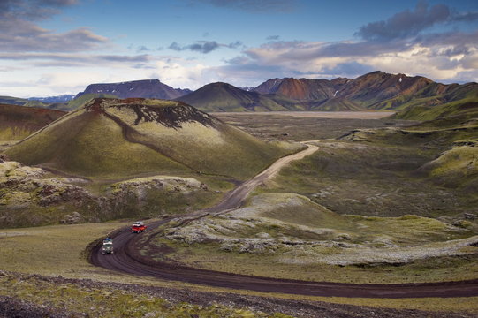 Small volcano and mountains in Nordunamshraun, seen from Namshraun, Landmannalaugar area, Fjallabak region, Iceland