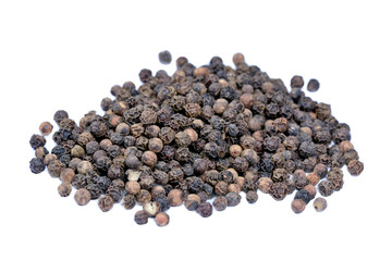 Group of black peppercorns on white background
