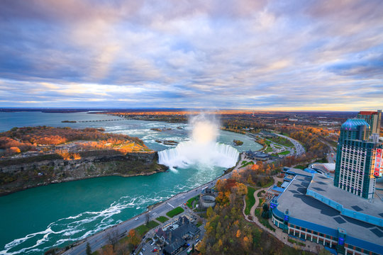 Fototapeta Bird View of Niagara Falls Canada and America during sunset