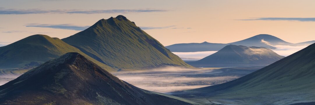 Hilltops and lava fields in Nordunamshraun, seen from Namshraun, Landmannalaugar area, Fjallabak region, Iceland