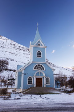 Traditional wooden church, built in 1922, at Seydisfjordur, a town founded in 1895 by a Norwegian fishing company, now main ferry port to and from Europe in the East Fjords, Iceland