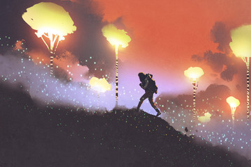 Fototapeta premium hiker travelling in fantasy forest in mountain,illustration painting