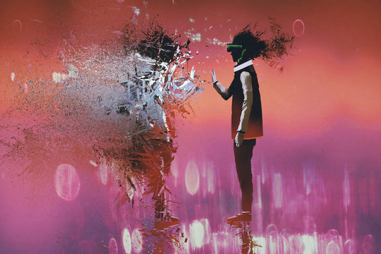 Fototapeta man with virtual reality headset touching particle of himself,illustration painting