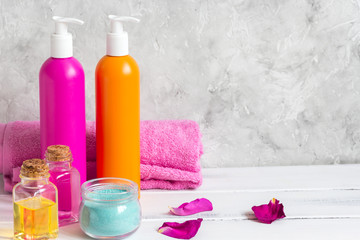 Fototapeta na wymiar cosmetics for women hair care and spa in bathroom