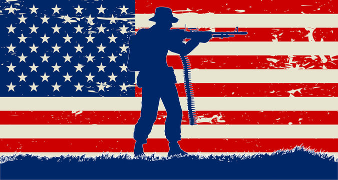 Original soldier illustration and US grunge flag