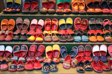 Colorful handmade leather shoes in Turkey