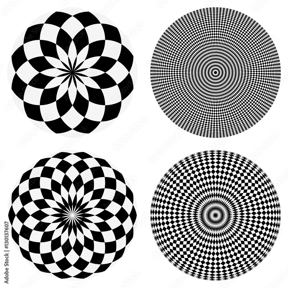 Poster elements with checkered marble-like circular pattern. concentric