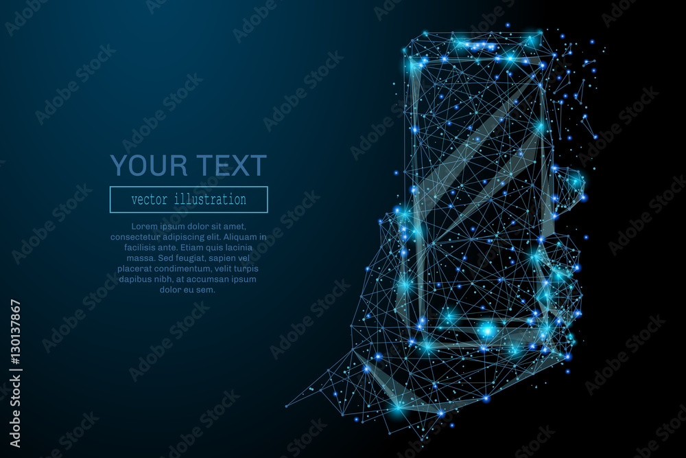 Poster Abstract image of a smartphone in hand in the form of a starry sky or space, consisting of points, lines, and shapes in the form of planets, stars and the universe. Smartphone vector wireframe concept