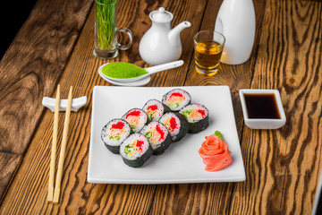 sushi and rolls with fresh fish, Japanese cuisine with fresh seafood
