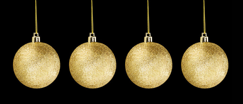 4 Gold glitter ball hanging isolated on dark black background ob