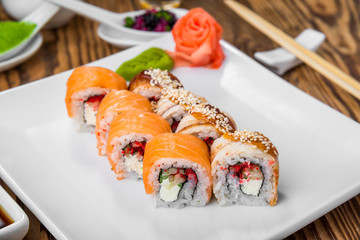 sushi and rolls with fresh fish, Japanese cuisine with fresh seafood