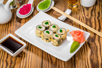 sushi and rolls with fresh fish, Japanese cuisine with fresh seafood