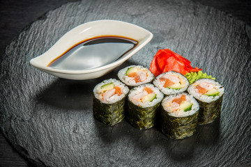 sushi and rolls with fresh fish, Japanese cuisine with fresh seafood