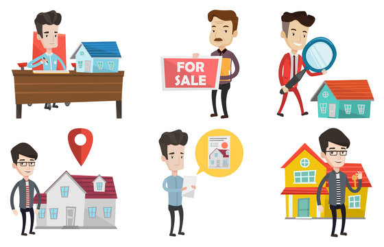 Vector set of real estate agents and house owners.