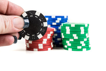 Stacks of poker chips isolated on white background