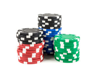Stacks of poker chips isolated on white background