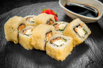 sushi and rolls with fresh fish, Japanese cuisine with fresh seafood