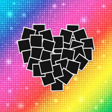 Heart concept made with empty photos on shining rainbow background. Memories, card, love template design. Vector illustration