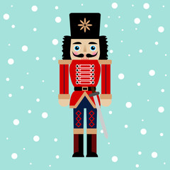 Vector illustration of a nutcracker with sword on a snow background