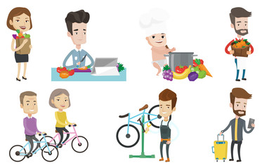 Vector set of people eating and traveling.