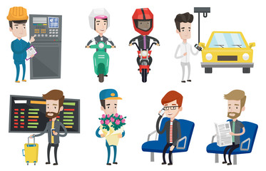Set of industrial workers and people traveling.