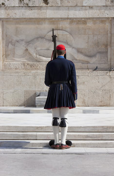 Greek National Guard soldier (Evones) guarding the Tomb of the Unknown Soldier outside the Vouli Parliament building, Athens, Greece