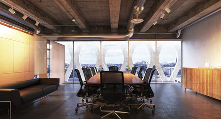 Executive modern empty business high rise office conference room overlooking a city with industrial accents .Photo realistic 3d rendering © Digital Storm