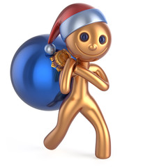 New Year's Eve smile man Santa Claus hat happy character carries bag Christmas ball decoration adornment ornament gold blue bauble. Traditional Xmas wintertime holiday invite concept. 3d illustration