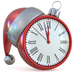 New Year's Eve time Christmas ball clock midnight last hour countdown Santa hat decoration ornament red adornment. Traditional happy Xmas wintertime holiday future beginning pressure. 3d illustration