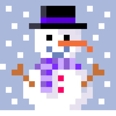 pixel art snow falling on smiling snowman with decorations