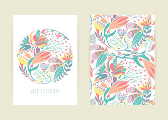 Cover design with floral pattern. Hand drawn creative flower. Colorful artistic background with blossom. It can be used for invitation, card, cover book, catalog. Size A4. Vector illustration, eps10