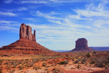 Two red buttes in the Monument Valley from the wildcat hiking trail