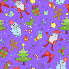 Seamless pattern on the theme of New year and Christmas, simple hand-drawn icons painted on a purple background