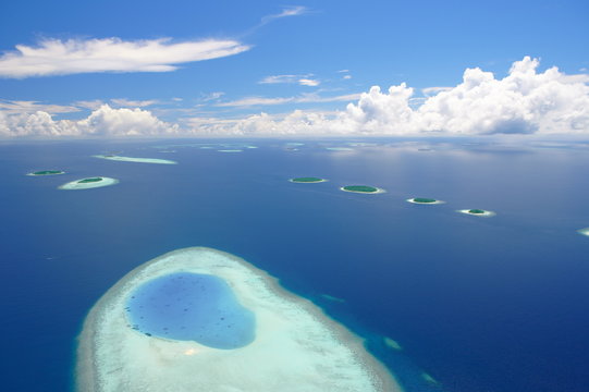 Aerial view of islands in Baa atoll, Maldives