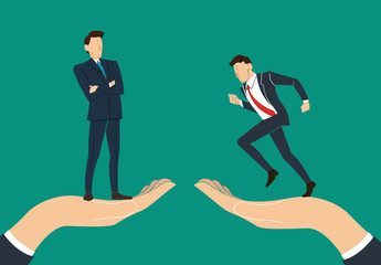 Fototapeta na wymiar hand holding Successful businessman standing with crossed arms and running businessman 